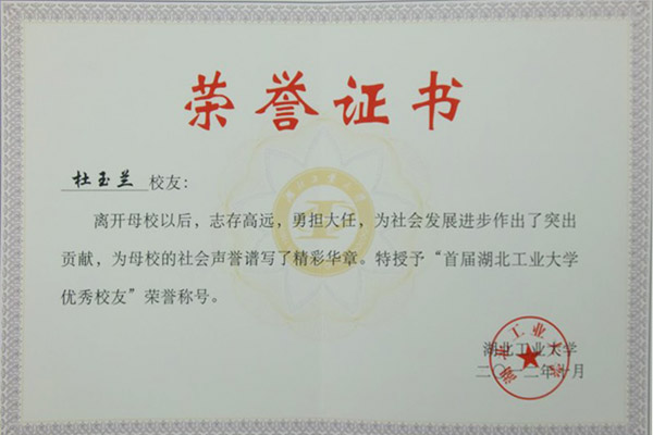 杜总被评为湖北工业大学优秀校友证书